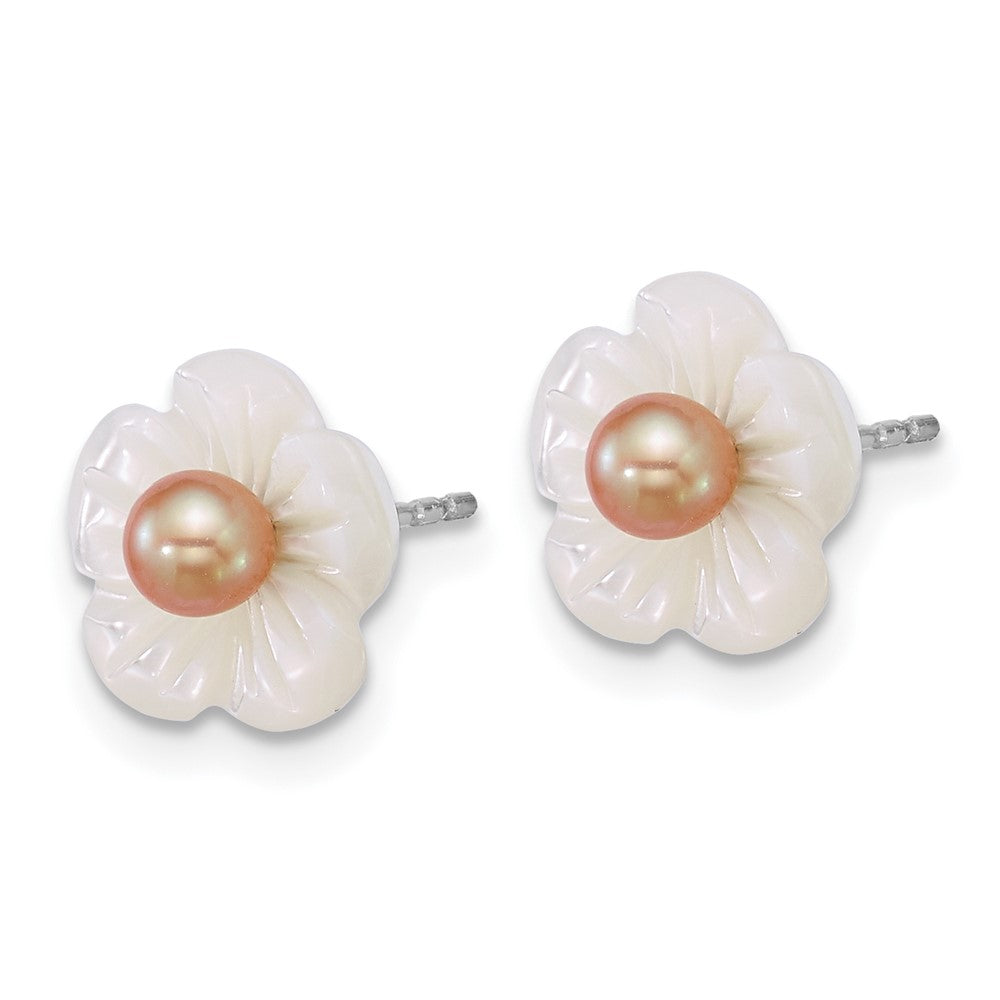Sterling Silver Rh-plated 3-4mm Pink FWC/Wht MOP Flower Earrings