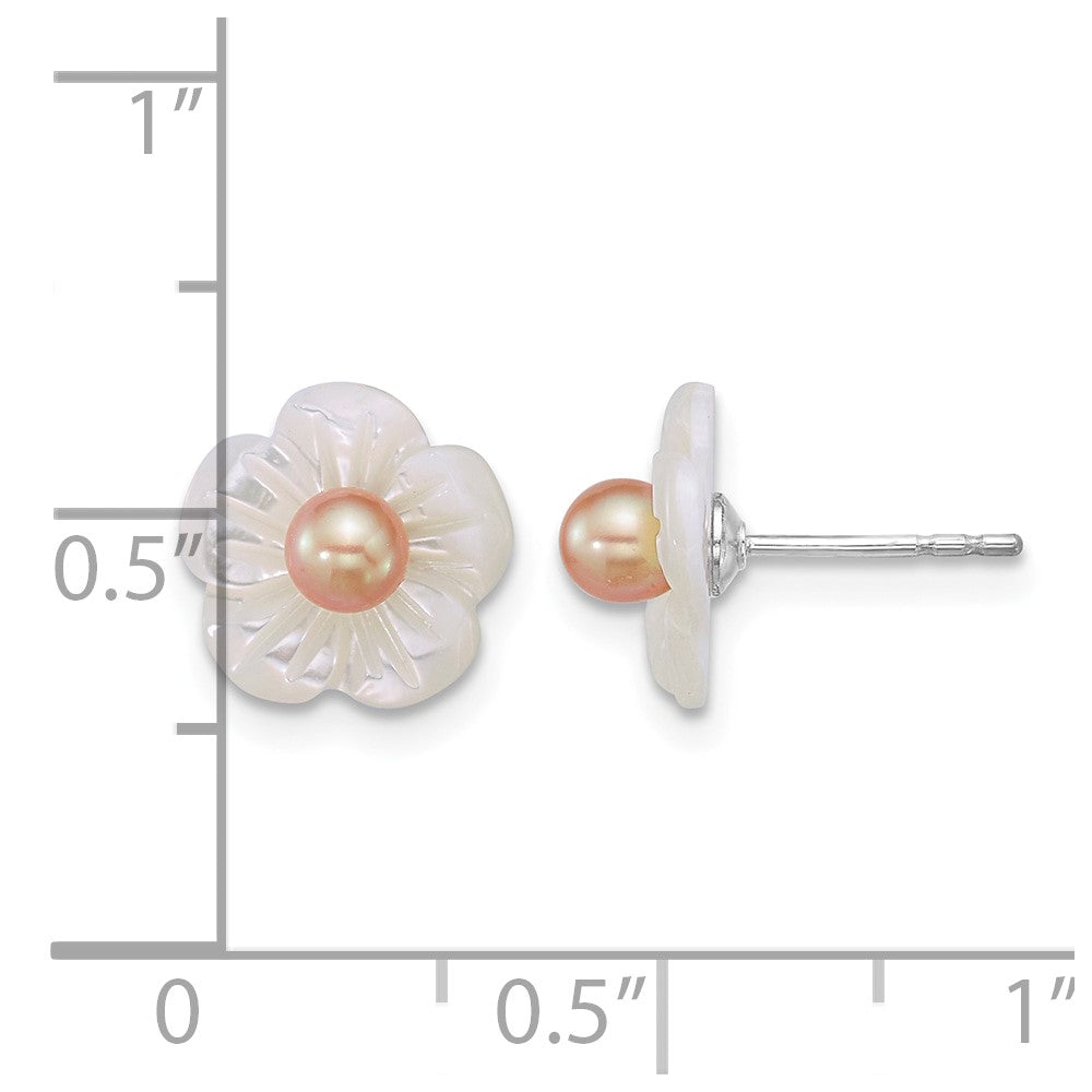 Sterling Silver Rh-plated 3-4mm Pink FWC/Wht MOP Flower Earrings