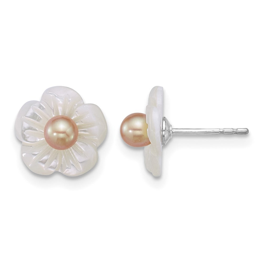 Sterling Silver Rh-plated 3-4mm Pink FWC/Wht MOP Flower Earrings