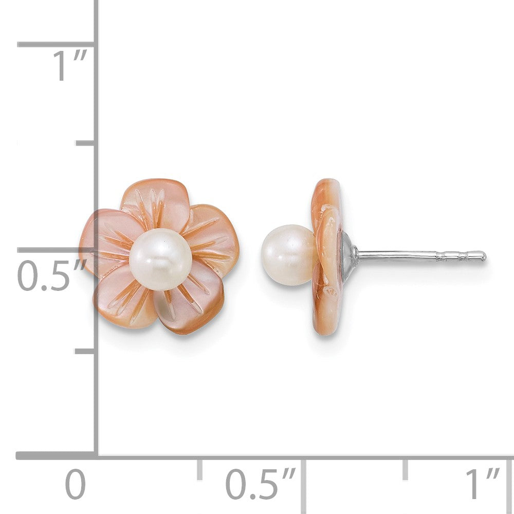 Sterling Silver Rh-plated 3-4mm Wht FWC/Pink MOP Flower Earrings