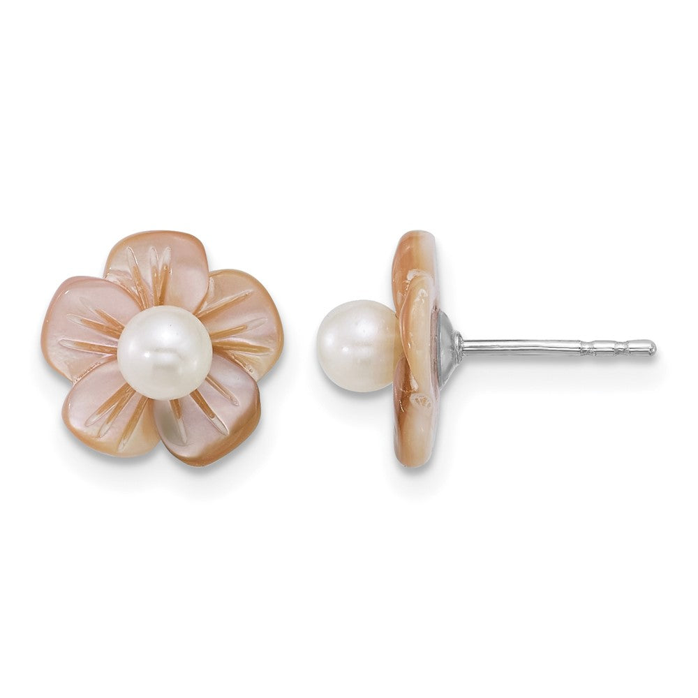 Sterling Silver Rh-plated 3-4mm Wht FWC/Pink MOP Flower Earrings