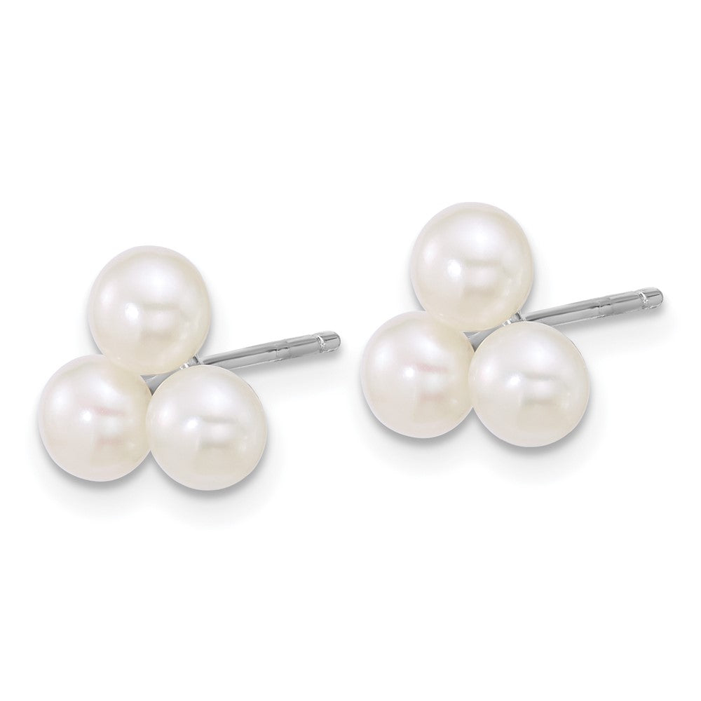 Sterling Silver Rhod-plated 5-6mm White FWC 3-Pearl Post Earrings
