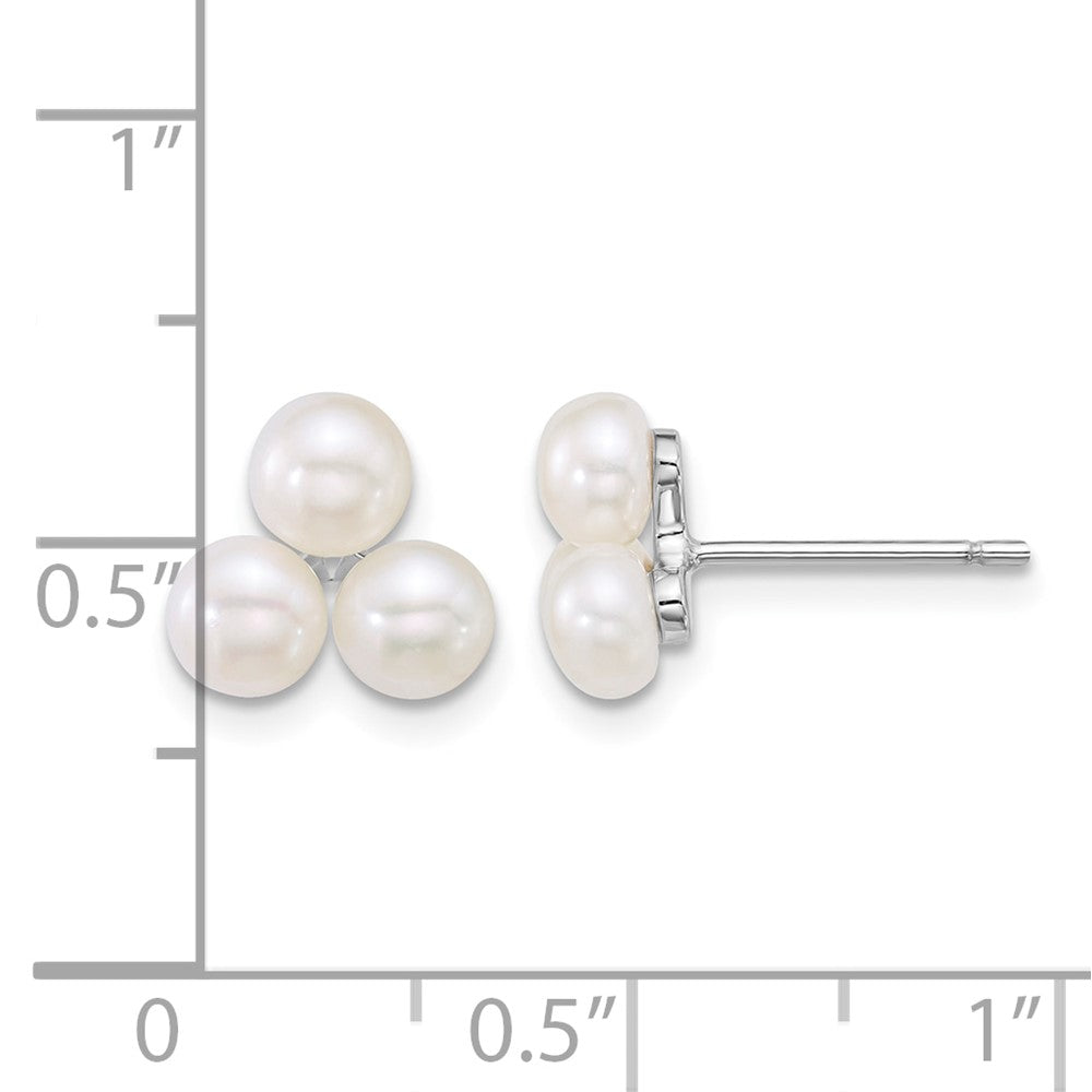 Sterling Silver Rhod-plated 5-6mm White FWC 3-Pearl Post Earrings