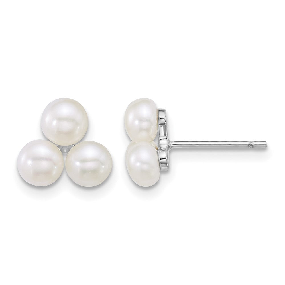 Sterling Silver Rhod-plated 5-6mm White FWC 3-Pearl Post Earrings