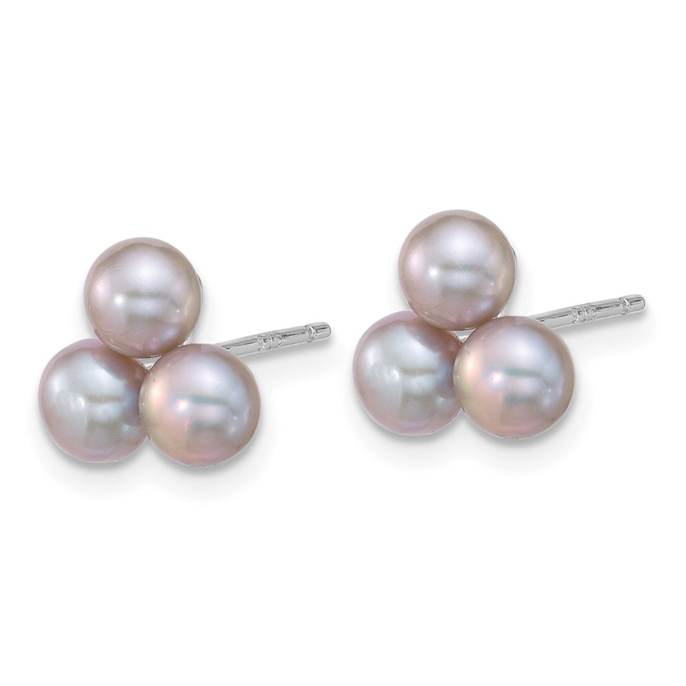 Sterling Silver Rhod-plated 5-6mm Grey FWC 3-Pearl Post Earrings