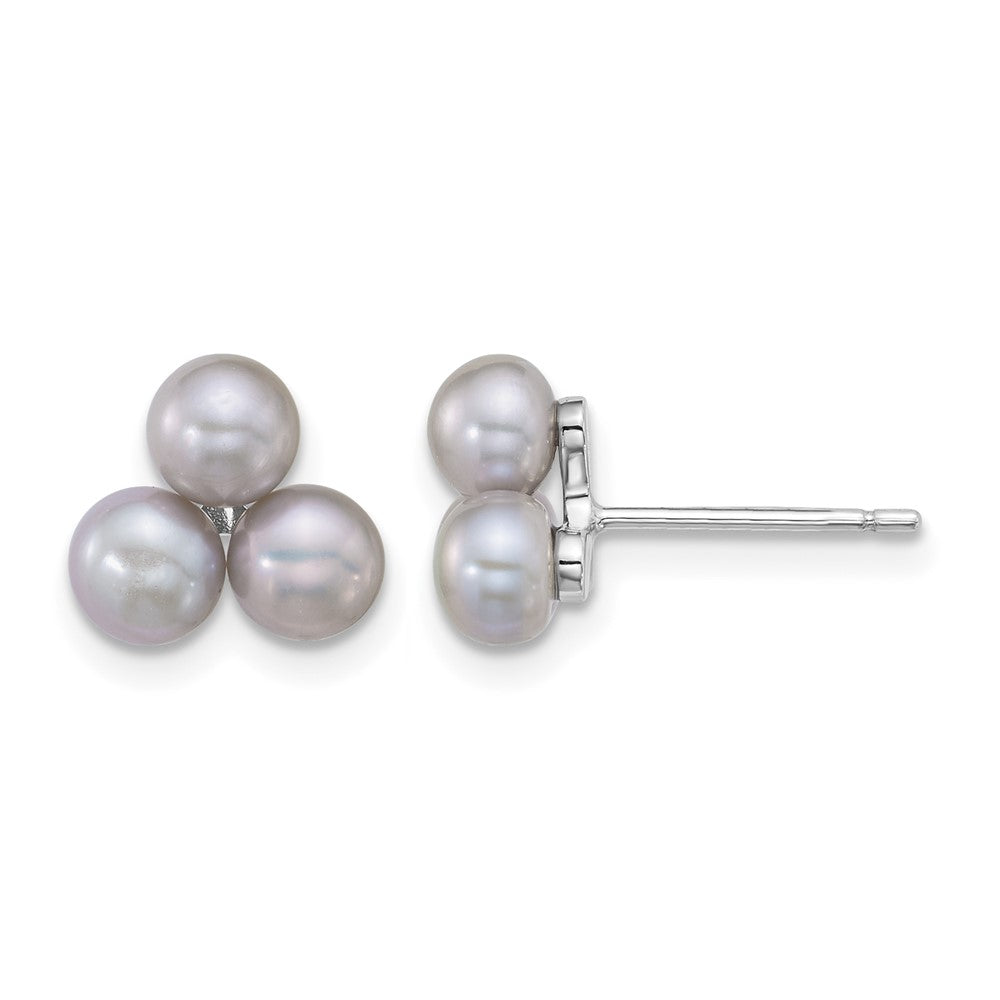 Sterling Silver Rhod-plated 5-6mm Grey FWC 3-Pearl Post Earrings