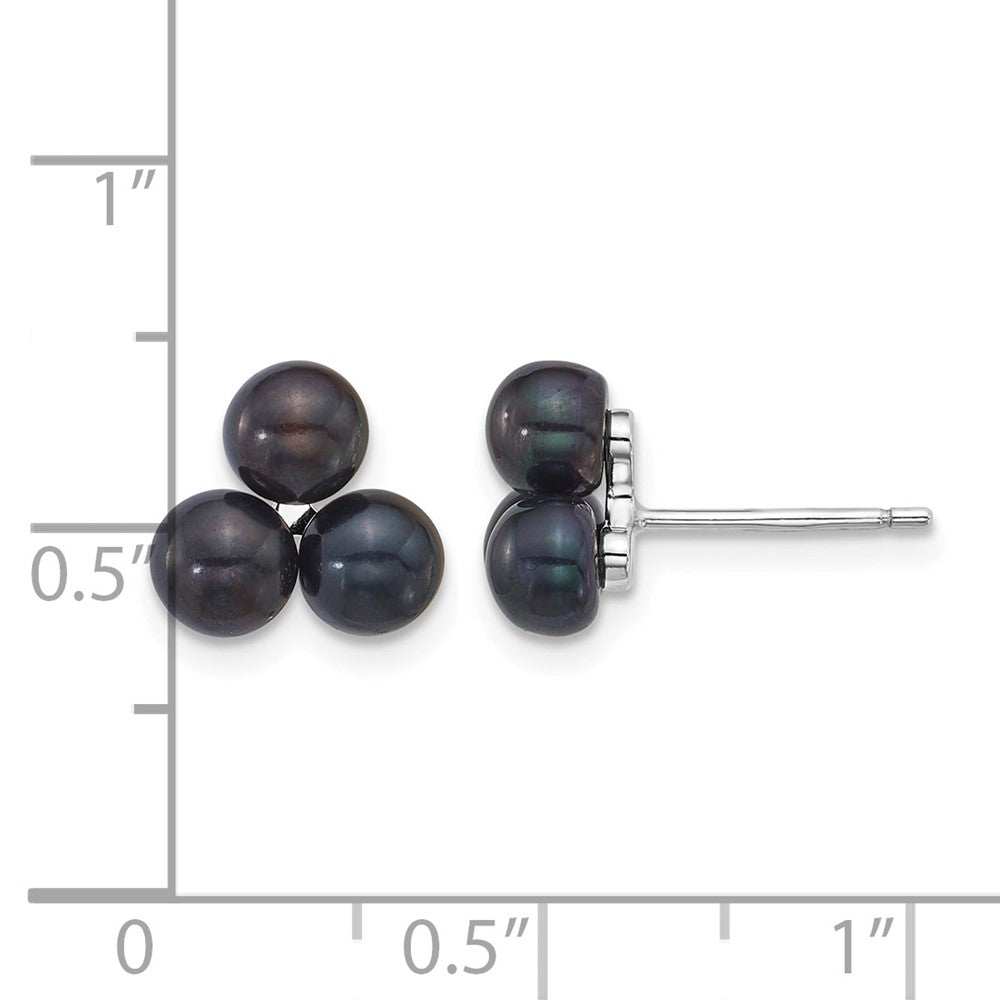 Sterling Silver Rhod-plated 5-6mm Black FWC 3-Pearl Post Earrings