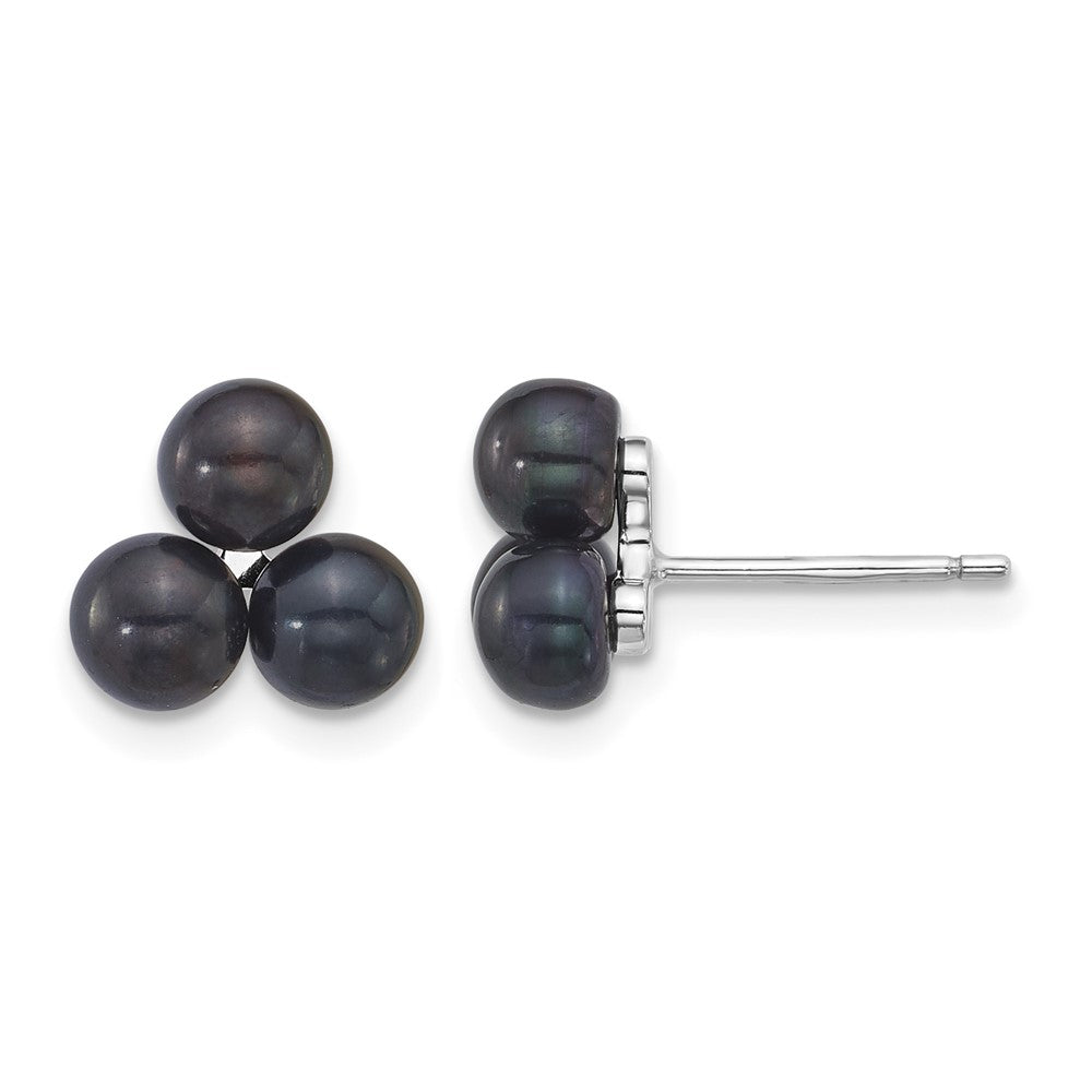 Sterling Silver Rhod-plated 5-6mm Black FWC 3-Pearl Post Earrings
