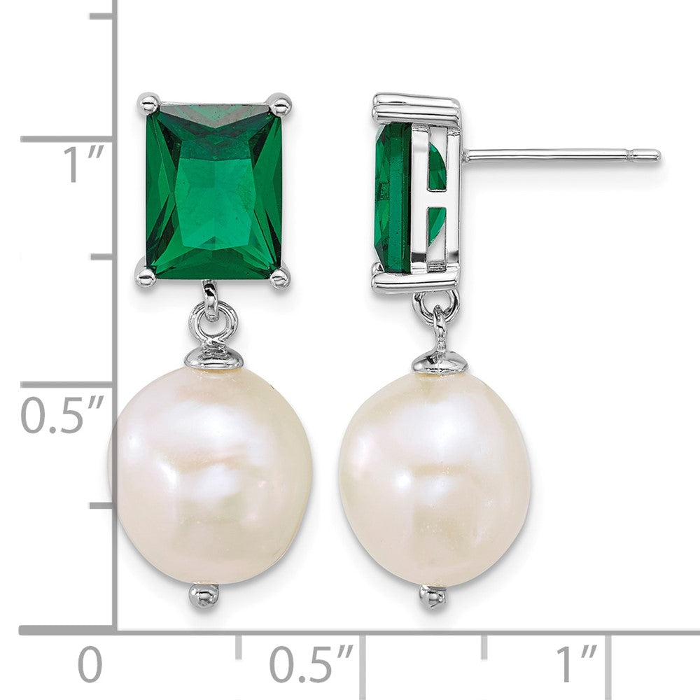 Sterling Silver Rhod 9-11mm FWC Pearl Green CZ Post Dangle Earrings