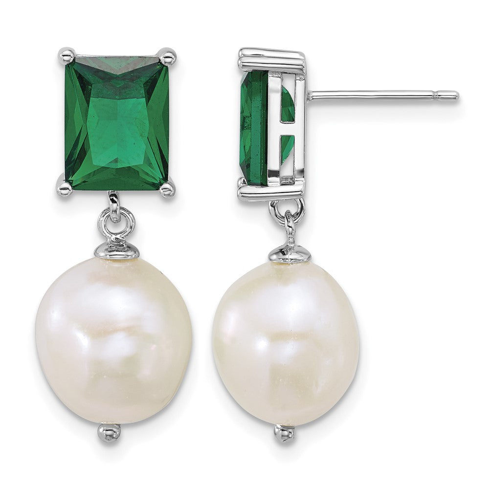 Sterling Silver Rhod 9-11mm FWC Pearl Green CZ Post Dangle Earrings