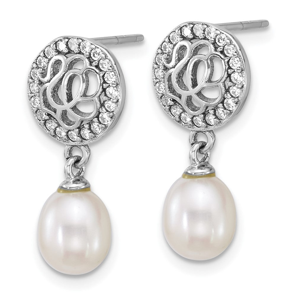 Sterling Silver Rh-plated 6-7mm FWC Pearl & CZ Post Dangle Earrings