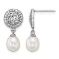 Sterling Silver Rh-plated 6-7mm FWC Pearl & CZ Post Dangle Earrings