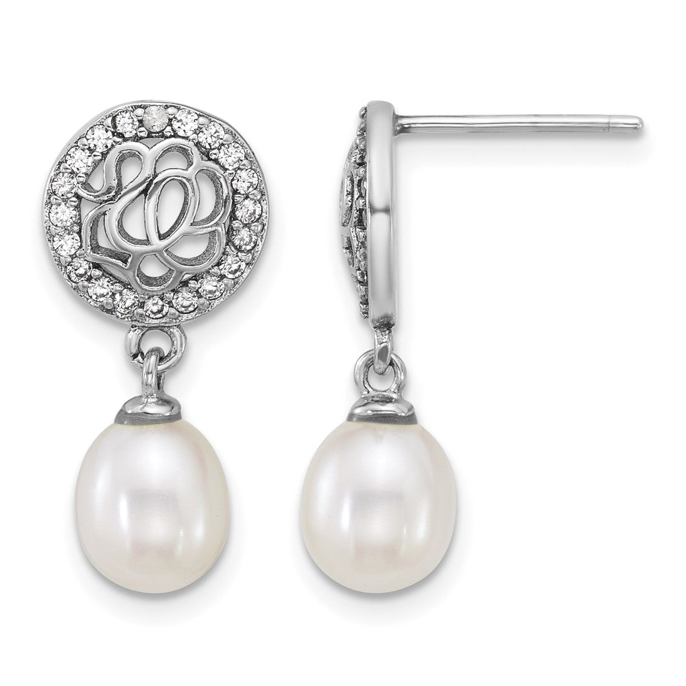 Sterling Silver Rh-plated 6-7mm FWC Pearl & CZ Post Dangle Earrings