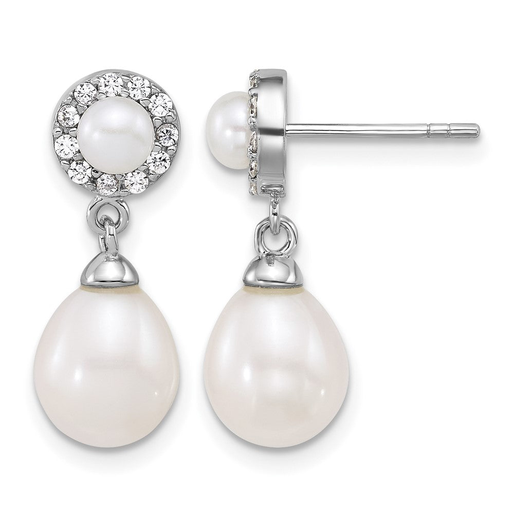 Sterling Silver Rh-plated 4-5mm/6-8mm FWC & CZ Post Dangle Earrings