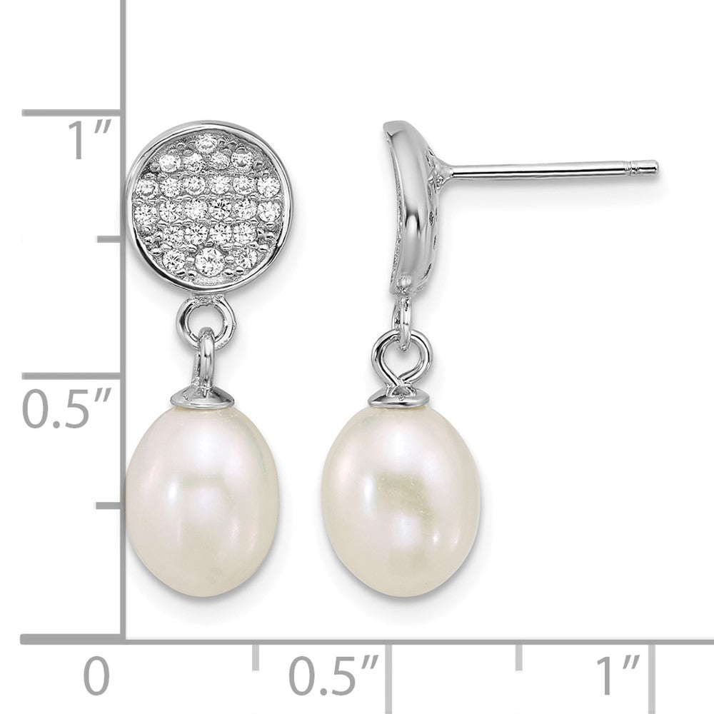 Sterling Silver Rhod 6-8mm Wht FWC Pearl/CZ Post Dangle Earrings