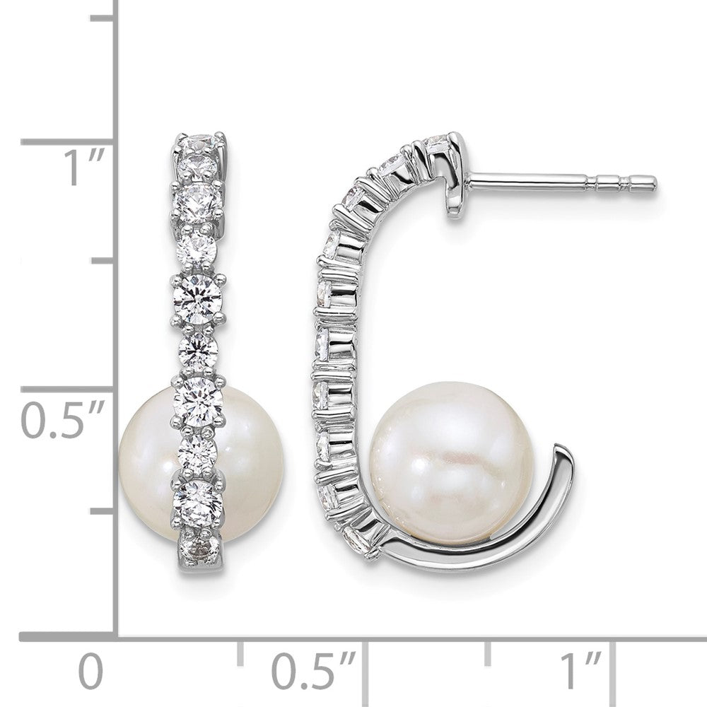 Sterling Silver Rhodium-plated CZ FWC Pearl J-Hoop Post Earrings