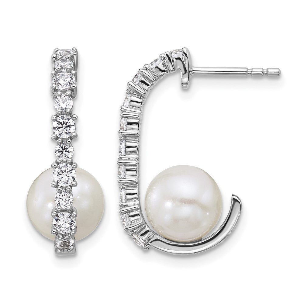 Sterling Silver Rhodium-plated CZ FWC Pearl J-Hoop Post Earrings