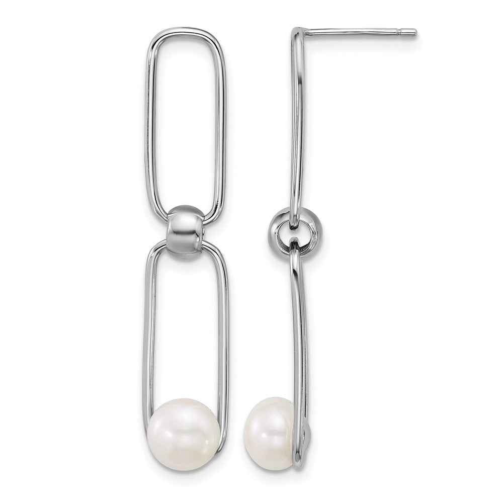 Sterling Silver Rh-plated 6-7mm FWC Pearl Link Post Dangle Earrings