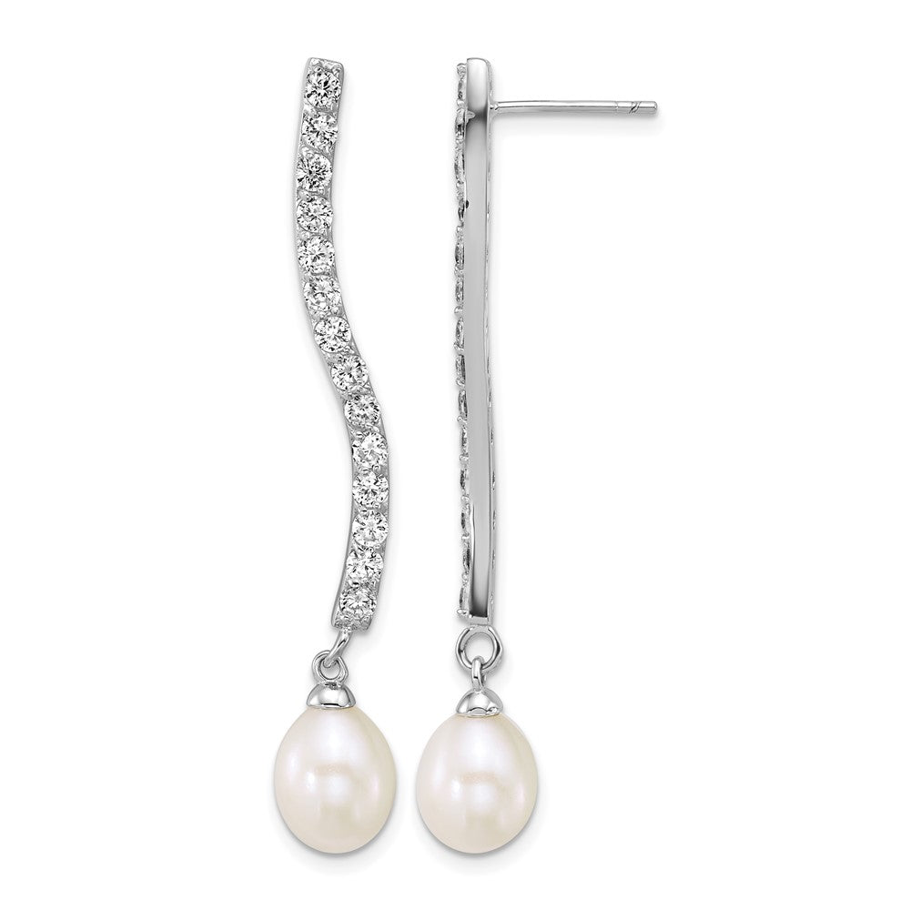 Sterling Silver Rh-plated 7-8mm Teardrop Wht FWC/CZ Dangle Earrings