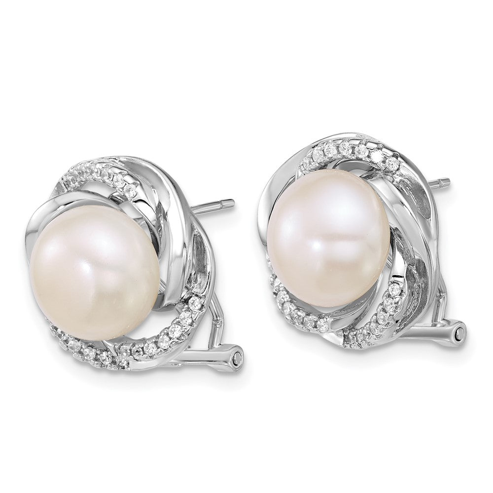 Sterling Silver Rh-plated 9-10mm FWC Pearl & CZ Omega Back Earrings