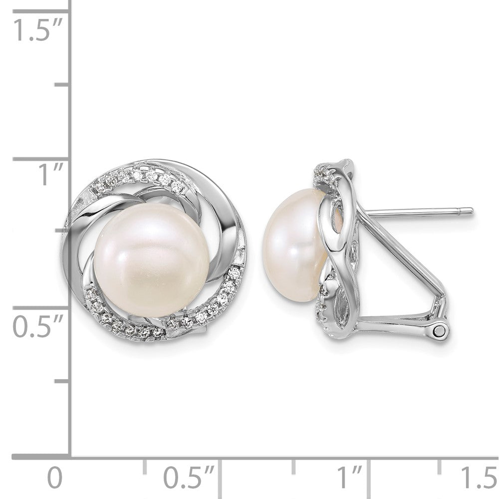 Sterling Silver Rh-plated 9-10mm FWC Pearl & CZ Omega Back Earrings