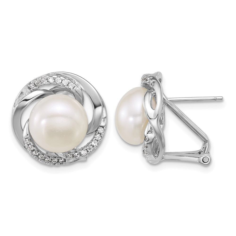Sterling Silver Rh-plated 9-10mm FWC Pearl & CZ Omega Back Earrings