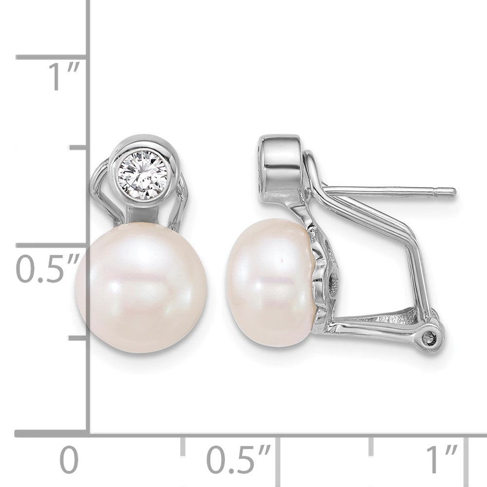 Sterling Silver Rh-plated 8-9mm FWC Pearl/CZ Omega Back Earrings