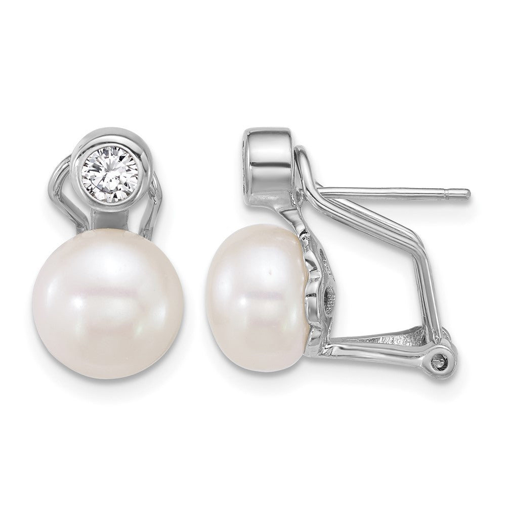Sterling Silver Rh-plated 8-9mm FWC Pearl/CZ Omega Back Earrings