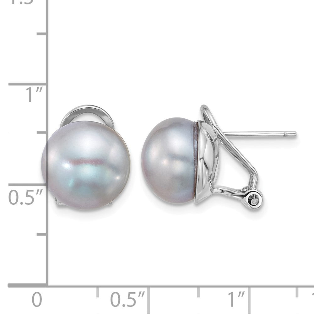 Sterling Silver Rh-plat 11-12mm Button Grey FWC Omega Back Earrings