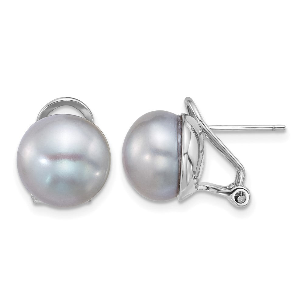 Sterling Silver Rh-plat 11-12mm Button Grey FWC Omega Back Earrings