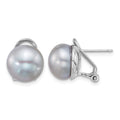Sterling Silver Rh-plat 11-12mm Button Grey FWC Omega Back Earrings