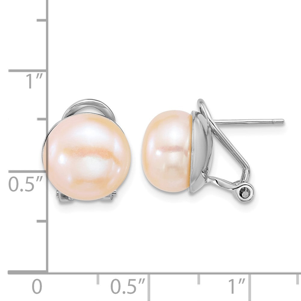 Sterling Silver Rh-plat 11-12mm Button Pink FWC Omega Back Earrings
