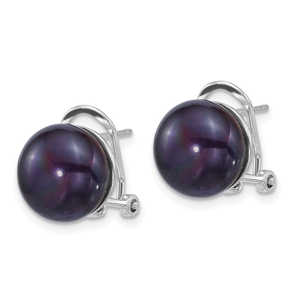 Sterling Silver Rh-plated 11-12mm Blk FWC Pearl Omega Back Earrings