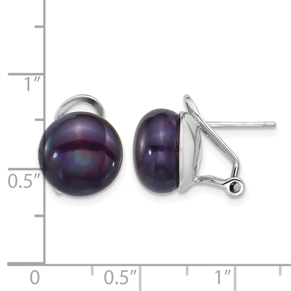 Sterling Silver Rh-plated 11-12mm Blk FWC Pearl Omega Back Earrings
