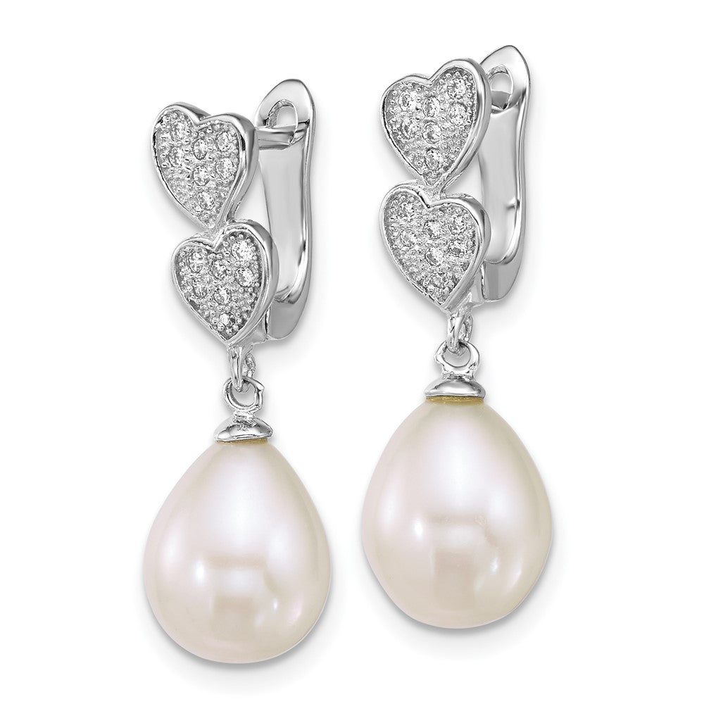 Sterling Silver Rhod 7-9mm Teardrop FWC Pearl CZ Dangle Earrings
