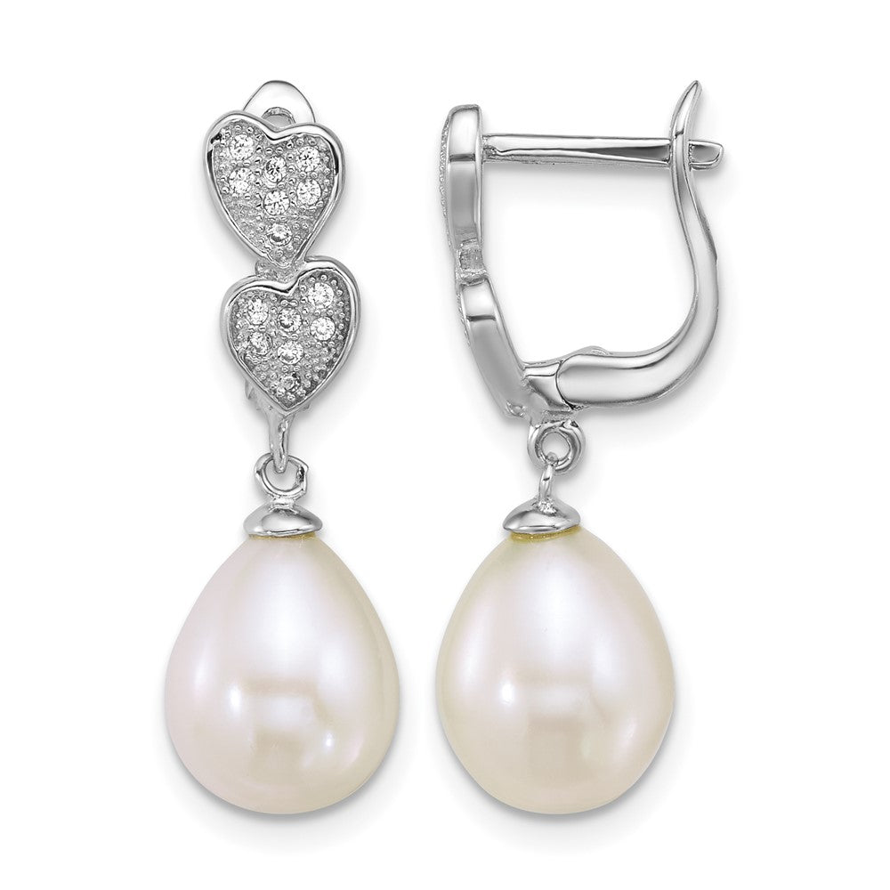 Sterling Silver Rhod 7-9mm Teardrop FWC Pearl CZ Dangle Earrings