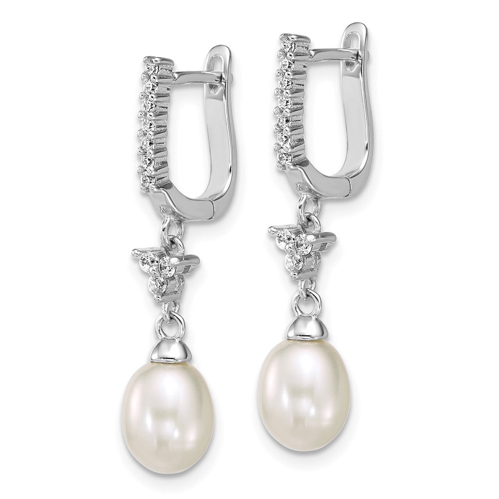 Sterling Silver Rh-plated 6-7mm Wht Teardrop/CZ Dangle Hoop Earrings