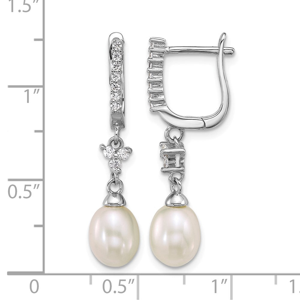 Sterling Silver Rh-plated 6-7mm Wht Teardrop/CZ Dangle Hoop Earrings