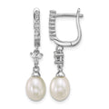 Sterling Silver Rh-plated 6-7mm Wht Teardrop/CZ Dangle Hoop Earrings