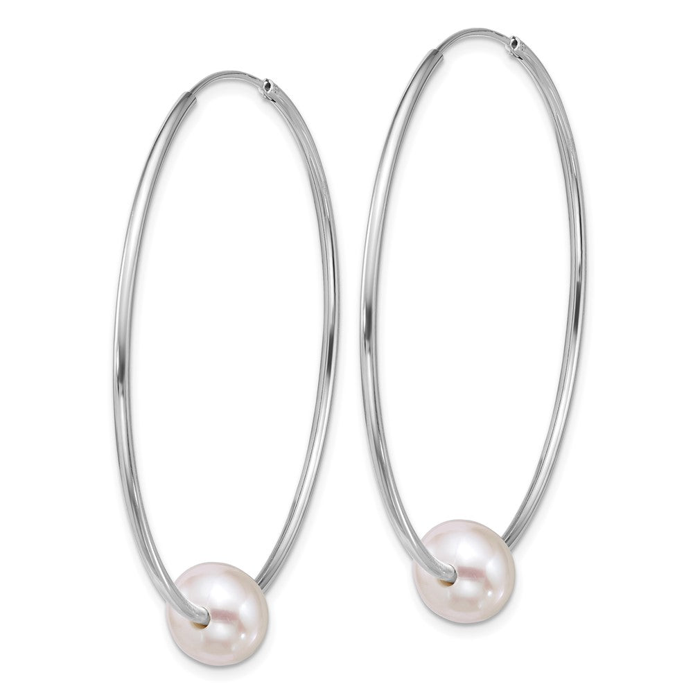 Sterling Silver Rh-pltd 8-9mm Semi-Rnd FWC Pearl Hoop Earrings