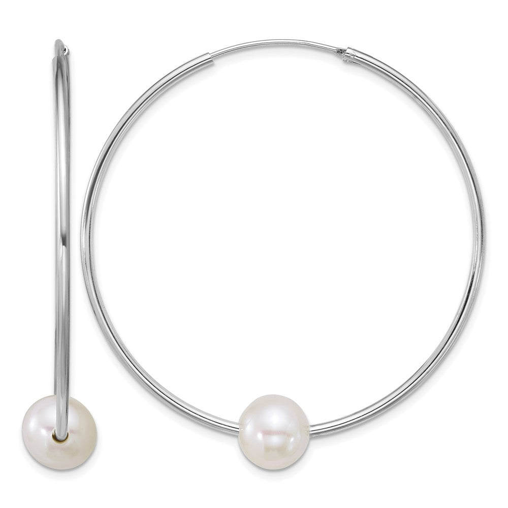 Sterling Silver Rh-pltd 8-9mm Semi-Rnd FWC Pearl Hoop Earrings