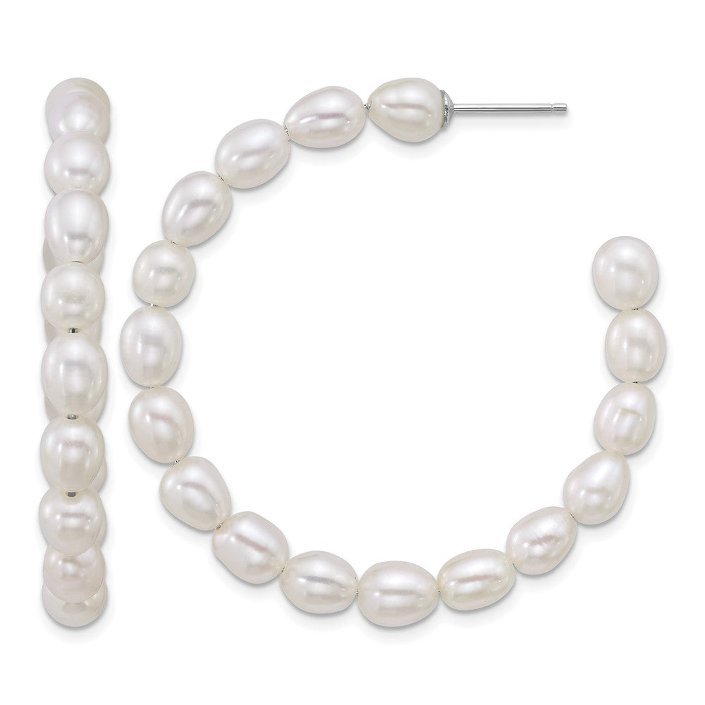 Sterling Silver Rh-plated 5-6mm Rice FWC Pearl Post Hoop Earrings