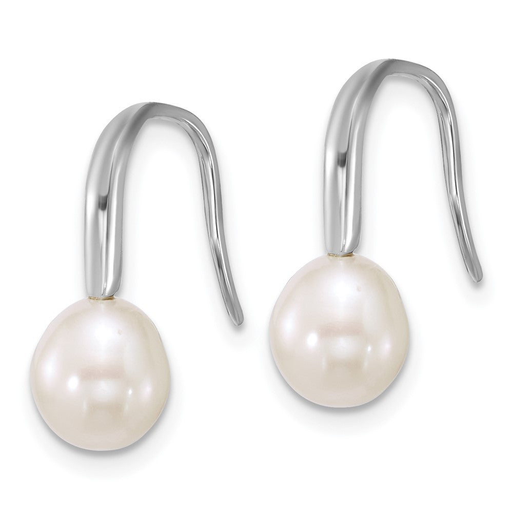 Sterling Silver Rh-plated 7-8mm Wht FWC Pearl Shepherd Hook Earrings