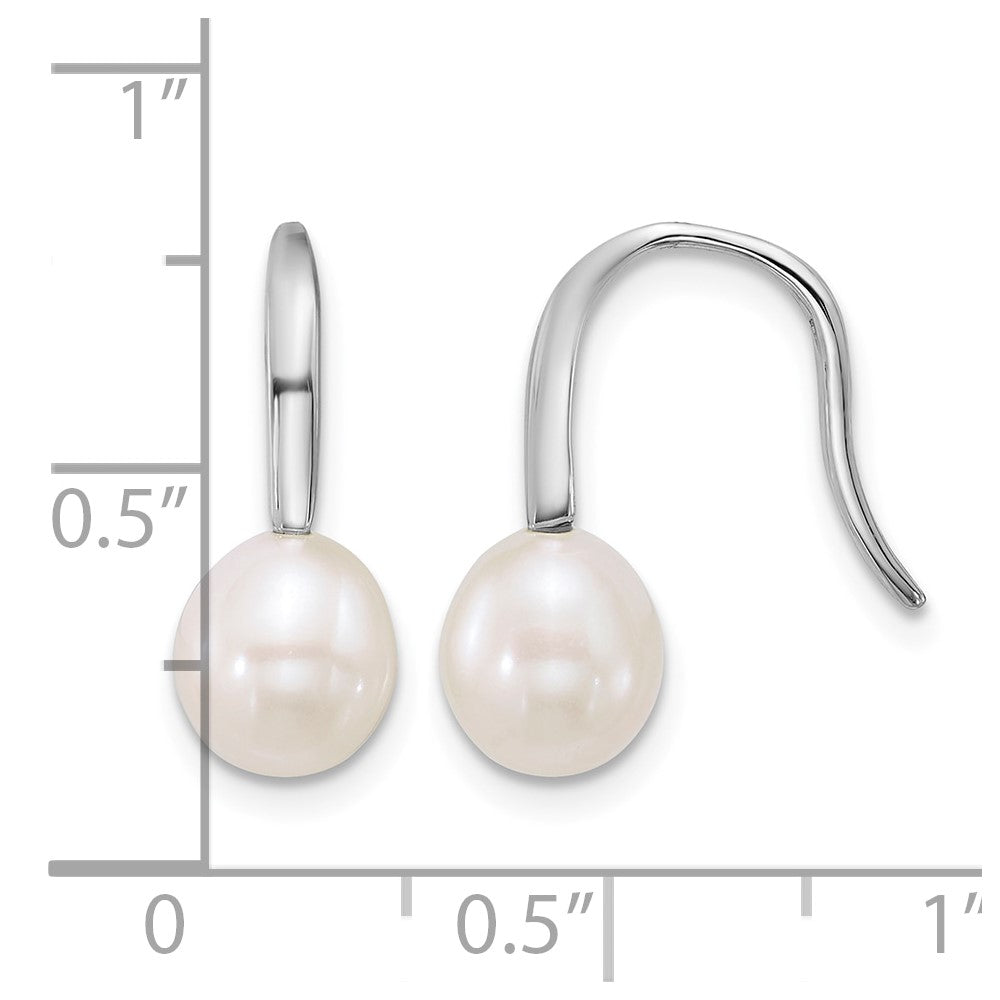 Sterling Silver Rh-plated 7-8mm Wht FWC Pearl Shepherd Hook Earrings