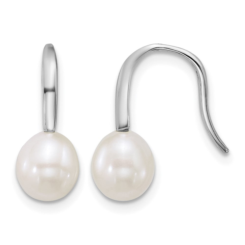 Sterling Silver Rh-plated 7-8mm Wht FWC Pearl Shepherd Hook Earrings