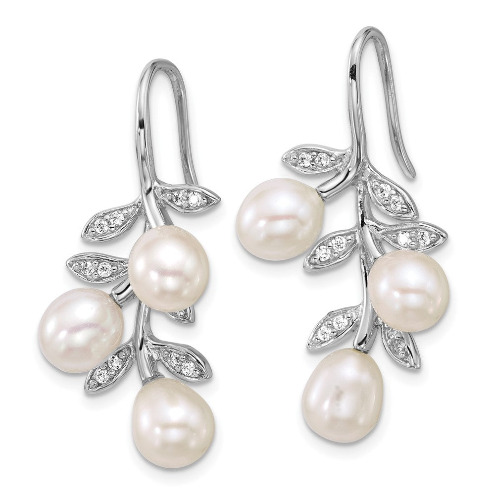 Sterling Silver Rh-plated 6-8mm Rice FWC Pearl CZ Leaf Earrings