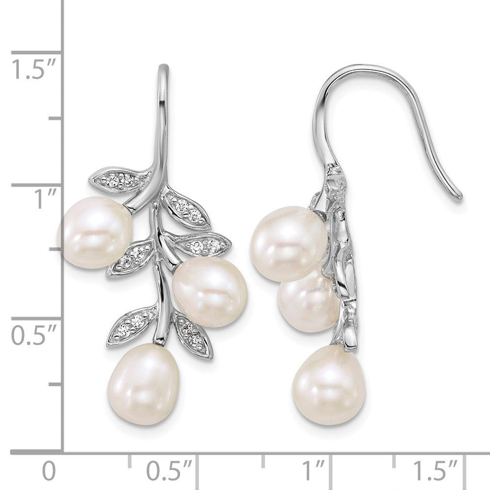 Sterling Silver Rh-plated 6-8mm Rice FWC Pearl CZ Leaf Earrings