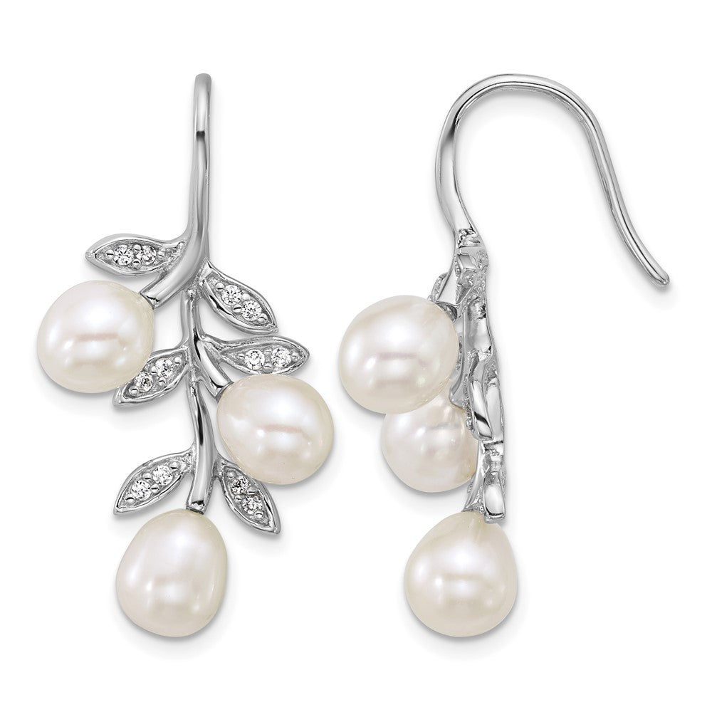 Sterling Silver Rh-plated 6-8mm Rice FWC Pearl CZ Leaf Earrings
