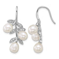 Sterling Silver Rh-plated 6-8mm Rice FWC Pearl CZ Leaf Earrings