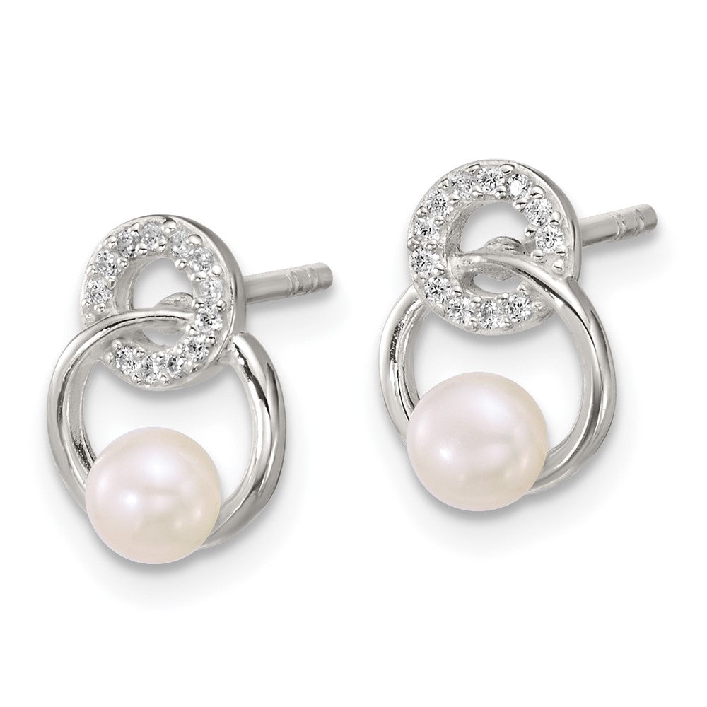 Sterling Silver Polished CZ and Imitation Pearl Circles Post Earrings